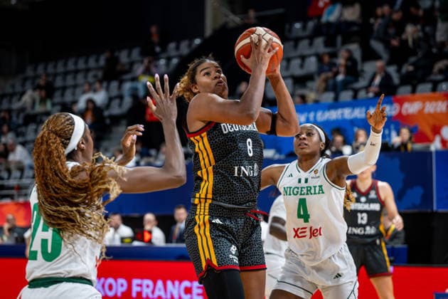 Basketball Villeurbanne 17 03 2026 Wommen™s Basketball World Cup 2026 Qualifying Tournament Nigeria NIG Germany GER Nyara Sabally Germany, No 08 Elizabeth Balogun Nigeria, No 04 Victoria Macaulay Nigeria, No 25