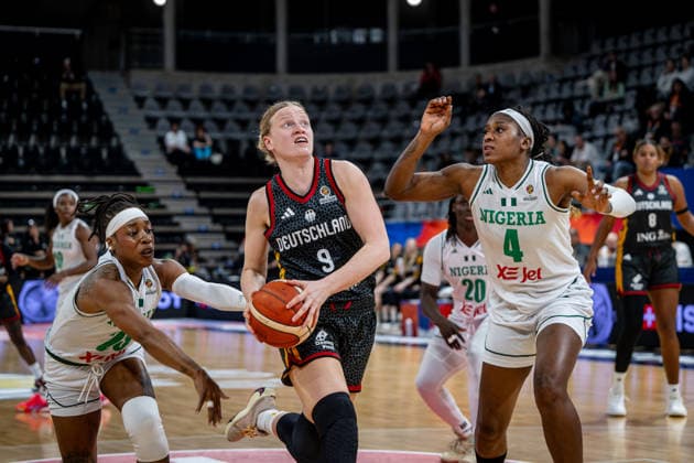 Basketball Villeurbanne 17 03 2026 Wommen™s Basketball World Cup 2026 Qualifying Tournament Nigeria NIG Germany GER Emma Eichmeyer Germany, No 09 Victoria Macaulay Nigeria, No 25 Elizabeth Balogun Nigeria, No 04