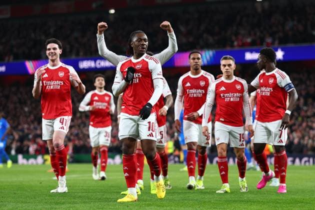 Eberechi Eze of Arsenal celebrates after scoring a goal (1-0) Arsenal v Bayer 04 Leverkusen, UEFA Champions League, Round of 16, Second Leg, Football, Emirates Stadium, London, UK - 17 Mar 2026London Emirates Stadium United Kingdom EDITORIAL USE ONLY No use with unauthorised audio, video, data, fixture lists, club league logos or live services. Online in-match use limited to 120 images, no video emulation. No use in betting, games or single club league player publications. Copyright: xSimonxDael Shutterstockx 16776376aa