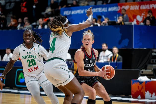 Basketball Villeurbanne 17 03 2026 Wommen™s Basketball World Cup 2026 Qualifying Tournament Nigeria NIG Germany GER Leonie Fiebich Germany, No 13 Elizabeth Balogun Nigeria, No 04