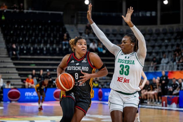 Basketball Villeurbanne 17 03 2026 Wommen™s Basketball World Cup 2026 Qualifying Tournament Nigeria NIG Germany GER Nyara Sabally Germany, No 08 Nicole Enabosi Nigeria, No 33