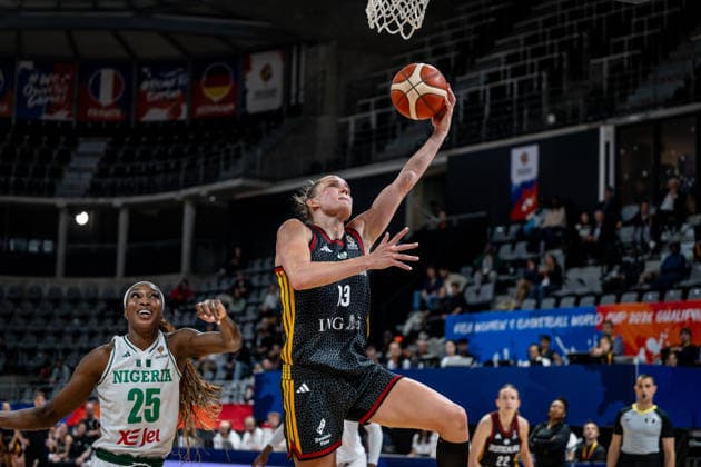 Basketball Villeurbanne 17 03 2026 Wommen™s Basketball World Cup 2026 Qualifying Tournament Nigeria NIG Germany GER Leonie Fiebich Germany, No 13 Victoria Macaulay Nigeria, No 25