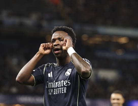 Manchester City v Real Madrid , UEFA Champions League, Round of 16, 2nd leg 17.03.26 Manchester City v Real Madrid , UEFA Champions League, Round of 16, 2nd leg Bradley Ormesher The Times Vinícius Júnior of Real Madrid scores and celebrates scoring his teams 1st goal  Copyright: xBradleyxOrmesherx NINTCHDBPICT001067503760