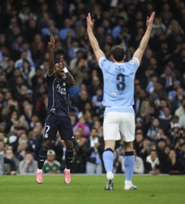 Manchester City v Real Madrid , UEFA Champions League, Round of 16, 2nd leg 17.03.26 Manchester City v Real Madrid , UEFA Champions League, Round of 16, 2nd leg Bradley Ormesher The Times Vinícius Júnior of Real Madrid appeals for penalty  Copyright: xBradleyxOrmesherx NINTCHDBPICT001067503880