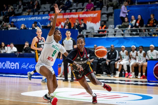 Basketball Villeurbanne 17 03 2026 Wommen™s Basketball World Cup 2026 Qualifying Tournament Nigeria NIG Germany GER Alexis Peterson Germany, No 01 Ifunaya Okoro Nigeria, No 09