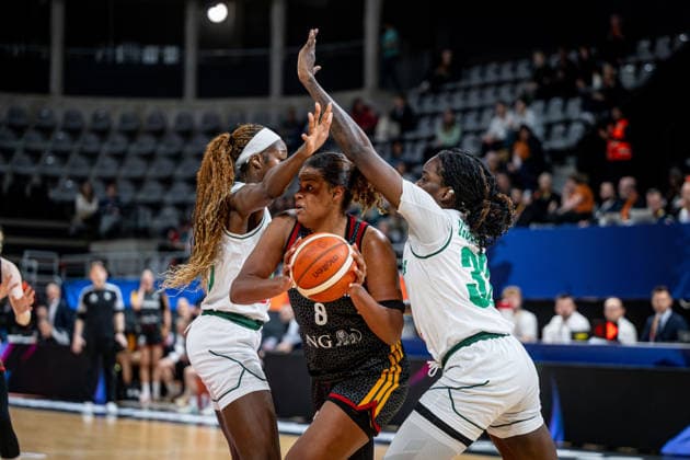 Basketball Villeurbanne 17 03 2026 Wommen™s Basketball World Cup 2026 Qualifying Tournament Nigeria NIG Germany GER Nyara Sabally Germany, No 08 Nicole Enabosi Nigeria, No 33 Victoria Macaulay Nigeria, No 25