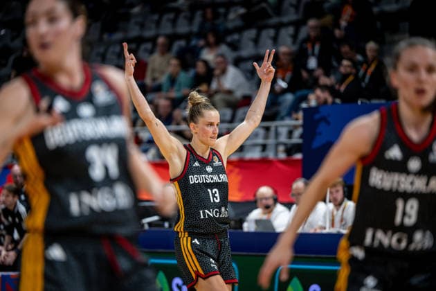Basketball Villeurbanne 17 03 2026 Wommen™s Basketball World Cup 2026 Qualifying Tournament Nigeria NIG Germany GER Leonie Fiebich Germany, No 13 Jubel