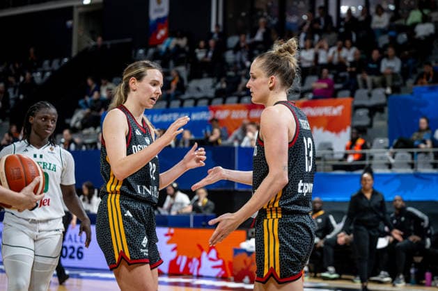 Basketball Villeurbanne 17 03 2026 Wommen™s Basketball World Cup 2026 Qualifying Tournament Nigeria NIG Germany GER Leonie Fiebich Germany, No 13 Emily Bessoir Germany, No 22 Jubel