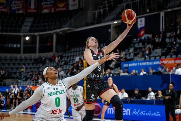 Basketball Villeurbanne 17 03 2026 Wommen™s Basketball World Cup 2026 Qualifying Tournament Nigeria NIG Germany GER Emma Eichmeyer Germany, No 09 Amy Okonkwo Nigeria, No 00