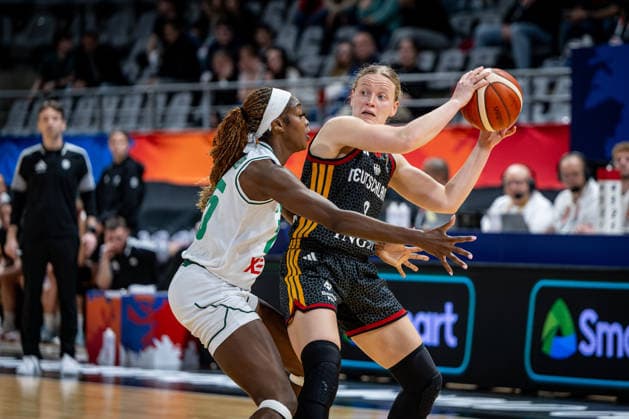 Basketball Villeurbanne 17 03 2026 Wommen™s Basketball World Cup 2026 Qualifying Tournament Nigeria NIG Germany GER Emma Eichmeyer Germany, No 09 Victoria Macaulay Nigeria, No 25