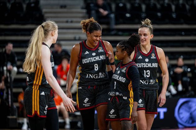 Basketball Villeurbanne 17 03 2026 Wommen™s Basketball World Cup 2026 Qualifying Tournament Nigeria NIG Germany GER Frida Bühner Germany, No 20 Nyara Sabally Germany, No 08 Alexis Peterson Germany, No 01 Leonie Fiebich Germany, No 13 vlnr