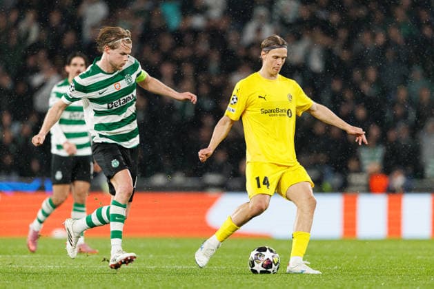 Morten Hjulmand and Ulrik Saltnes seen during UEFA Champions League Round of 16 game between teams of Sporting CP and FK Bodo Glimt at Estadio Jose Alvalade (Maciej Rogowski Ball Raw Images) Lisbon Estadio Jose Alvalade Portugal Copyright: xMaciejxRogowskix maciejrogowski_sporting_bodo_2526_ROG1223