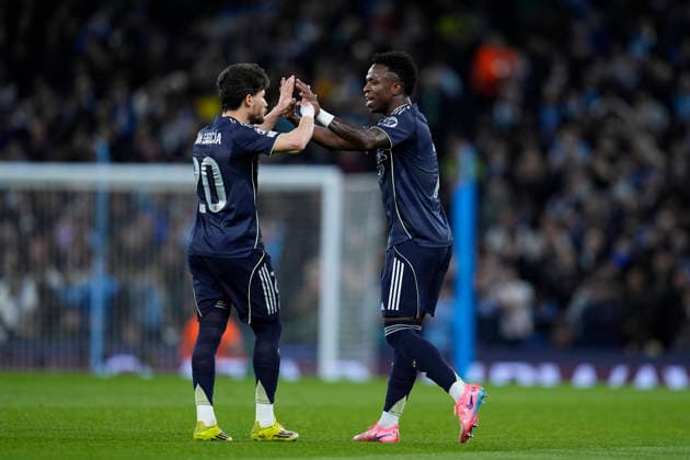 March 17, 2026, Manchester, Manchester, England: Vinicius Junior of Real Madrid CF celebrates a goal during the UEFA Champions League 2025 26 Round of 16 Second Leg match between Manchester City and Real Madrid C.F. at Etihad Stadium on March 17, 2026, in Manchester, England. Manchester England - ZUMAa181 20260317_zaa_a181_176 Copyright: xDennisxAgyemanx