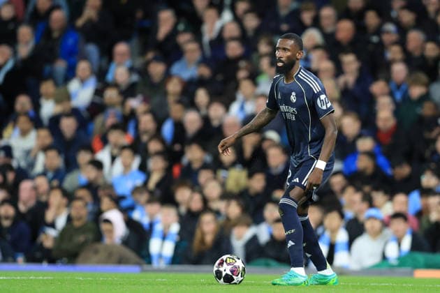 17th March 2026; Etihad Stadium, Manchester, England; UEFA Champions League Football, Manchester City versus Real Madrid; Antonio Rudiger of Real Madrid looks up before passing the ball  DavidxBlunsden Content restricted for UK based newspaper