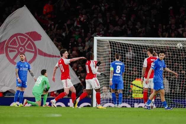 Champions League 2025 26 Last 16 Arsenal v Bayer Leverkusen Emirates Stadium 17.03.2026 Eberechi Eze of Arsenal scores and celebrates 1-0 Champions League 2025 26 Last 16 Arsenal v Bayer Leverkusen Emirates Stadium 17.03.2026 Photograph By Marc Aspland The Times  Copyright: xMarcxAsplandx NINTCHDBPICT001067505623