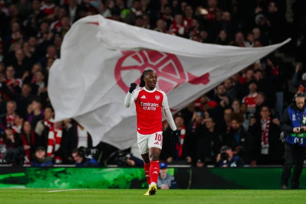 Champions League 2025 26 Last 16 Arsenal v Bayer Leverkusen Emirates Stadium 17.03.2026 Eberechi Eze of Arsenal scores and celebrates 1-0 Champions League 2025 26 Last 16 Arsenal v Bayer Leverkusen Emirates Stadium 17.03.2026 Photograph By Marc Aspland The Times  Copyright: xMarcxAsplandx NINTCHDBPICT001067505742