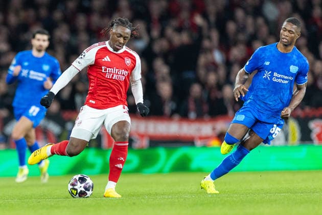 Arsenal v Bayer Leverkusen, Champions League Arsenal midfielder Eberechi Eze (10) and Bayer Leverkusen forward Christian Kofane (35) during the Champions League match between Arsenal and Bayer Leverkusen at the Emirates Stadium, London, UK on 17 March 2026. London Emirates Stadium Greater London UK Editorial use only , Copyright: xToyinxOshodix PSI-23909-0018