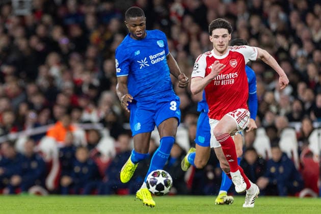Arsenal v Bayer Leverkusen, Champions League Bayer Leverkusen forward Christian Kofane (35) and Arsenal midfielder Declan Rice (41) during the Champions League match between Arsenal and Bayer Leverkusen at the Emirates Stadium, London, UK on 17 March 2026. London Emirates Stadium Greater London UK Editorial use only , Copyright: xToyinxOshodix PSI-23909-0021