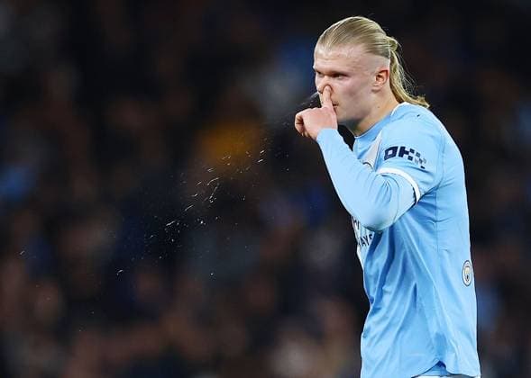 Erling Haaland of Manchester City clears their nose Manchester City v Real Madrid, UEFA Champions League, Round of 16, Second Leg, Football, Etihad Stadium, Manchester, UK - 17 Mar 2026Manchester Etihad Stadium United Kingdom EDITORIAL USE ONLY No use with unauthorised audio, video, data, fixture lists, club league logos or live services. Online in-match use limited to 120 images, no video emulation. No use in betting, games or single club league player publications.  Copyright: xMattxWest Shutterstockx 16776379ai
