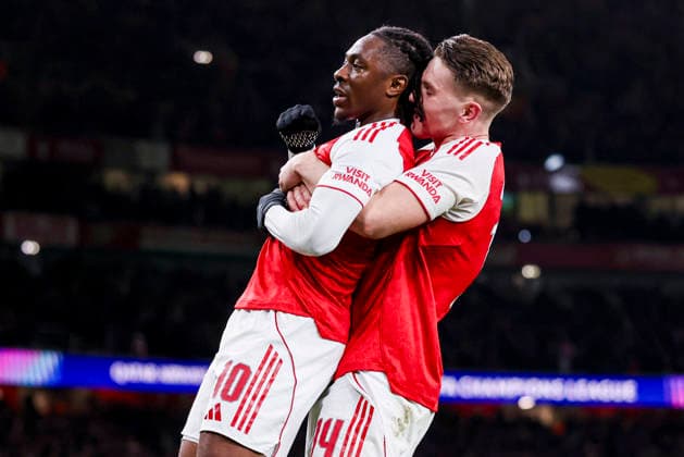 LONDON, ENGLAND - MARCH 17: Eberechi Eze of Arsenal celebrate their team s first goal with Viktor Gyokeres of Arsenal during the UEFA Champions League 2025 26 Round of 16 Second Leg match between Arsenal FC and Bayer 04 Leverkusen at Arsenal Stadium on March 17, 2026 in London, England.  Copyright: xRenexNijhuis MBxMediax