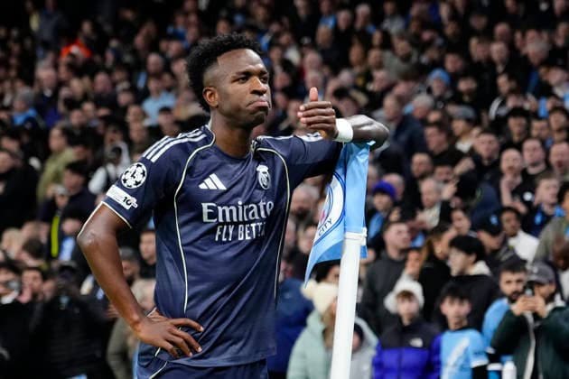 Manchester City FC v Real Madrid CF - UEFA Champions League 2025 26 Round of 16 Second Leg Vinicius Junior left winger of Real Madrid and Brazil celebrates after scoring his sides first goal during the UEFA Champions League 2025 26 Round of 16 Second Leg match between Manchester City FC and Real Madrid CF at City of Manchester Stadium on March 17, 2026 in Manchester, United Kingdom. Manchester England United Kingdom  Copyright: xJosexBretonx originalFilename:bretonhernandez-manchest260317_np7BR.jpg