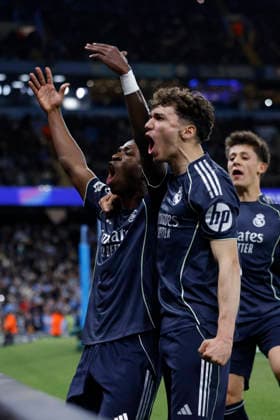 March 17, 2026, Manchester, Manchester, England: Vinicius Junior of Real Madrid CF celebrates a goal during the UEFA Champions League 2025 26 Round of 16 Second Leg match between Manchester City and Real Madrid C.F. at Etihad Stadium on March 17, 2026, in Manchester, England. Manchester England - ZUMAa181 20260317_zaa_a181_190 Copyright: xDennisxAgyemanx