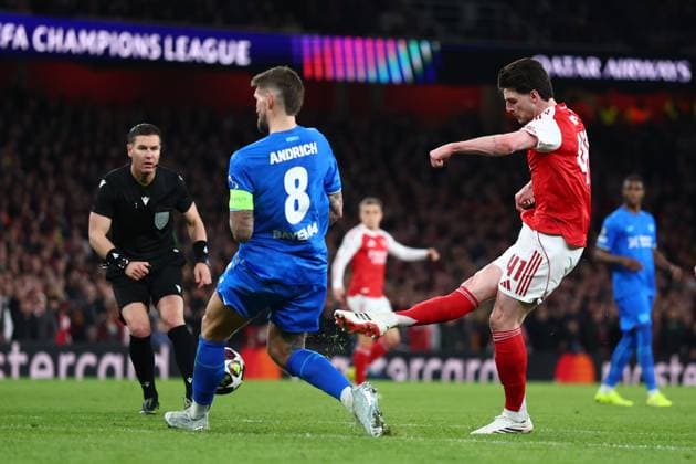 Declan Rice of Arsenal scoring a goal (2-0) Arsenal v Bayer 04 Leverkusen, UEFA Champions League, Round of 16, Second Leg, Football, Emirates Stadium, London, UK - 17 Mar 2026London Emirates Stadium United Kingdom EDITORIAL USE ONLY No use with unauthorised audio, video, data, fixture lists, club league logos or live services. Online in-match use limited to 120 images, no video emulation. No use in betting, games or single club league player publications. Copyright: xSimonxDael Shutterstockx 16776376bg