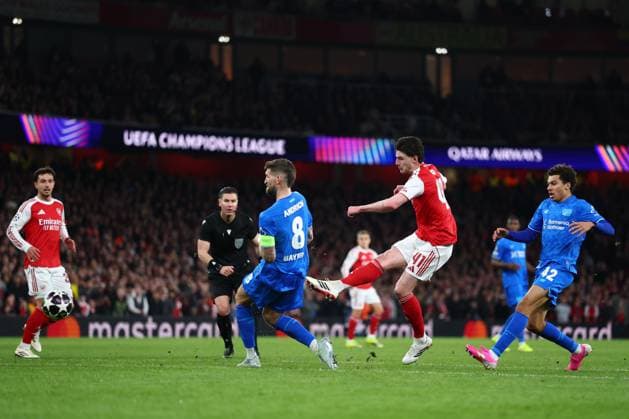 Declan Rice of Arsenal scoring a goal (2-0) Arsenal v Bayer 04 Leverkusen, UEFA Champions League, Round of 16, Second Leg, Football, Emirates Stadium, London, UK - 17 Mar 2026London Emirates Stadium United Kingdom EDITORIAL USE ONLY No use with unauthorised audio, video, data, fixture lists, club league logos or live services. Online in-match use limited to 120 images, no video emulation. No use in betting, games or single club league player publications. Copyright: xSimonxDael Shutterstockx 16776376be