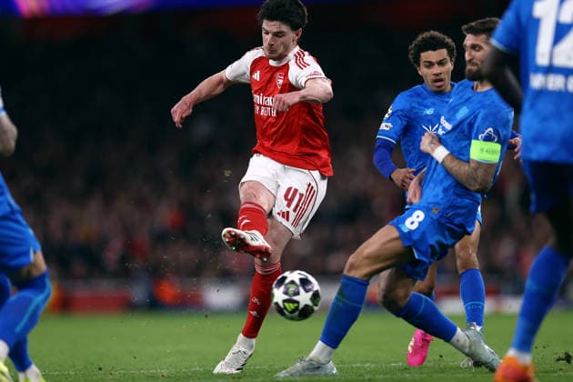Arsenal gegen Bayer Leverkusen 17. März 2026, London UEFA-Champions-League-Achtelfinale Arsenal gegen Bayer Leverkusen Declan Rice von Arsenal erzielt das zweite Tor für sein Team Foto Jacques Feeney Abseits London UK  Copyright: xJacquesxFeeneyx xOffsidexOffside