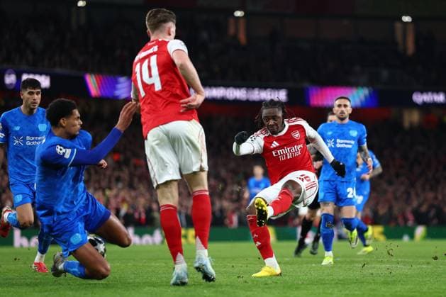 Eberechi Eze of Arsenal with a shot on goal Arsenal v Bayer 04 Leverkusen, UEFA Champions League, Round of 16, Second Leg, Football, Emirates Stadium, London, UK - 17 Mar 2026London Emirates Stadium United Kingdom EDITORIAL USE ONLY No use with unauthorised audio, video, data, fixture lists, club league logos or live services. Online in-match use limited to 120 images, no video emulation. No use in betting, games or single club league player publications.  Copyright: xSimonxDael Shutterstockx 16776376bm
