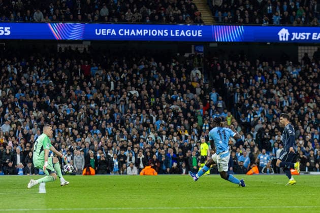 Football - UEFA Champions League - Round of 16 - 2nd Leg - Manchester City FC v Real Madrid CF MANCHESTER, ENGLAND - Tuesday, March 17, 2026: Manchester City s JÃ rÃ my Doku scores his side s second goal but is ruled offiside during the UEFA Champions League Round of 16 2nd Leg match between Manchester City FC and Real Madrid CF at the City of Manchester Stadium. (Photo by David Rawcliffe Propaganda) MANCHESTER City of Manchester Stadium GREATER MANCHESTER ENGLAND  Copyright: xDavidxRawcliffex P2026-03-17-Man_City_Real_Madrid-79