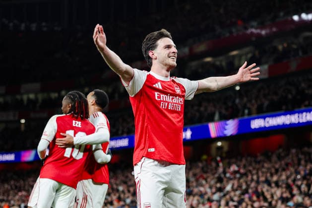 Champions League 2025 26 Last 16 Arsenal v Bayer Leverkusen Emirates Stadium 17.03.2026 Declan Rice of Arsenal scores and celebrates 2-0 Champions League 2025 26 Last 16 Arsenal v Bayer Leverkusen Emirates Stadium 17.03.2026 Photograph By Marc Aspland The Times  Copyright: xMarcxAsplandx NINTCHDBPICT001067513729
