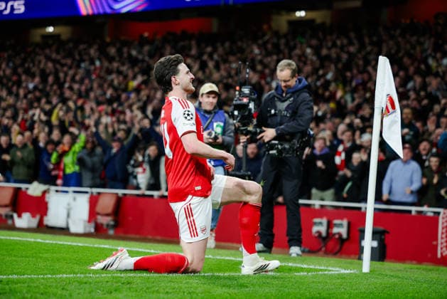 Champions League 2025 26 Last 16 Arsenal v Bayer Leverkusen Emirates Stadium 17.03.2026 Declan Rice of Arsenal scores and celebrates 2-0 Champions League 2025 26 Last 16 Arsenal v Bayer Leverkusen Emirates Stadium 17.03.2026 Photograph By Marc Aspland The Times  Copyright: xMarcxAsplandx NINTCHDBPICT001067514880
