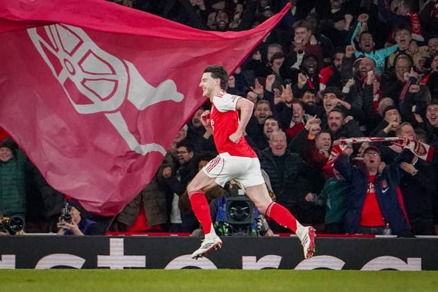 England Football UEFA Champions League 2025 2026, Round of 16 second leg FC Arsenal London vs Bayer 04 Leverkusen Emirates Stadium London Goal and goal celebration to 2-0 by Declan Rice Arsenal, 41 Joy, emotions, jubilation Copyright: xJOERANxSTEINSIEKx