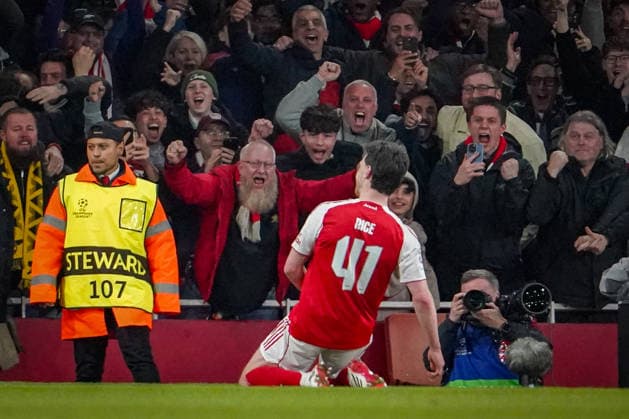 England Football UEFA Champions League 2025 2026, Round of 16 second leg FC Arsenal London vs Bayer 04 Leverkusen Emirates Stadium London Goal and goal celebration to 2-0 by Declan Rice Arsenal, 41 Joy, emotions, jubilation Copyright: xJOERANxSTEINSIEKx