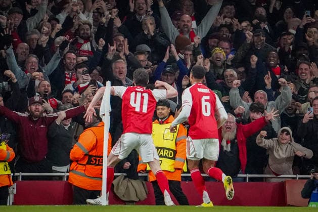 England Football UEFA Champions League 2025 2026, Round of 16 second leg FC Arsenal London vs Bayer 04 Leverkusen Emirates Stadium London Goal and goal celebration to 2-0 by Declan Rice Arsenal, 41 Joy, emotions, jubilation Copyright: xJOERANxSTEINSIEKx