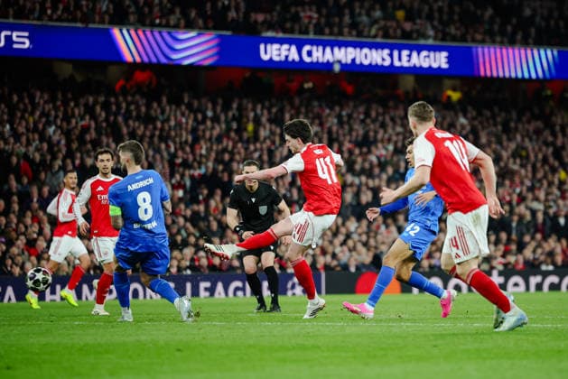 Champions League 2025 26 Last 16 Arsenal v Bayer Leverkusen Emirates Stadium 17.03.2026 Declan Rice of Arsenal scores and celebrates 2-0 Champions League 2025 26 Last 16 Arsenal v Bayer Leverkusen Emirates Stadium 17.03.2026 Photograph By Marc Aspland The Times  Copyright: xMarcxAsplandx NINTCHDBPICT001067515915
