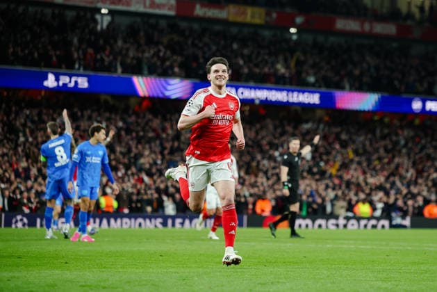 Champions League 2025 26 Last 16 Arsenal v Bayer Leverkusen Emirates Stadium 17.03.2026 Declan Rice of Arsenal scores and celebrates 2-0 Champions League 2025 26 Last 16 Arsenal v Bayer Leverkusen Emirates Stadium 17.03.2026 Photograph By Marc Aspland The Times  Copyright: xMarcxAsplandx NINTCHDBPICT001067515928