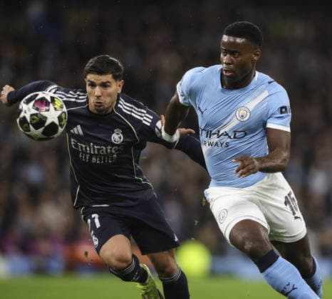 Manchester City v Real Madrid , UEFA Champions League, Round of 16, 2nd leg 17.03.26 Manchester City v Real Madrid , UEFA Champions League, Round of 16, 2nd leg Bradley Ormesher The Times Marc Guéhi of Manchester City and Brahim Díaz of Real Madrid  Copyright: xBradleyxOrmesherx NINTCHDBPICT001067517804