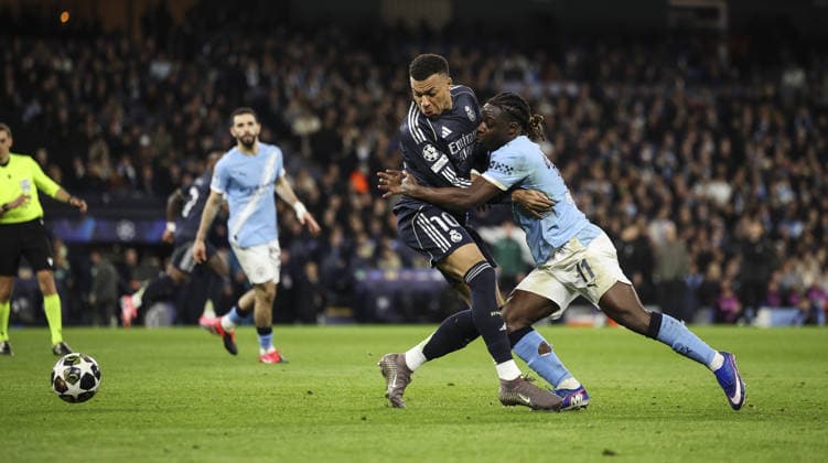 Manchester City v Real Madrid , UEFA Champions League, Round of 16, 2nd leg 17.03.26 Manchester City v Real Madrid , UEFA Champions League, Round of 16, 2nd leg Bradley Ormesher The Times Jérémy Doku of Manchester City and Kylian Mbappe of Real Madrid  Copyright: xBradleyxOrmesherx NINTCHDBPICT001067517979