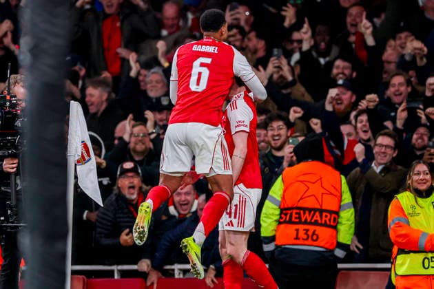 LONDON, ENGLAND - MARCH 17: Declan Rice of Arsenal celebrates with teammates after scoring his teams second goal during the UEFA Champions League 2025 26 Round of 16 Second Leg match between Arsenal FC and Bayer 04 Leverkusen at Arsenal Stadium on March 17, 2026 in London, England.  Copyright: xRenexNijhuis MBxMediax