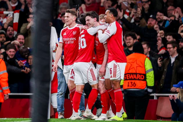 LONDON, ENGLAND - MARCH 17: Declan Rice of Arsenal celebrates with teammates after scoring his teams second goal during the UEFA Champions League 2025 26 Round of 16 Second Leg match between Arsenal FC and Bayer 04 Leverkusen at Arsenal Stadium on March 17, 2026 in London, England.  Copyright: xRenexNijhuis MBxMediax