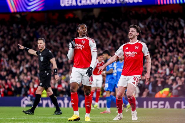 LONDON, ENGLAND - MARCH 17: Eberechi Eze of Arsenal celebrate their team s first goal with Declan Rice of Arsenal during the UEFA Champions League 2025 26 Round of 16 Second Leg match between Arsenal FC and Bayer 04 Leverkusen at Arsenal Stadium on March 17, 2026 in London, England.  Copyright: xRenexNijhuis MBxMediax