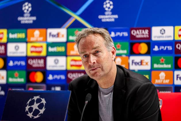LONDON, ENGLAND - MARCH 17: Bayer 04 Leverkusen head coach Kasper Hjulmand attends a press conference, PK, Pressekonferenz after the UEFA Champions League 2025 26 Round of 16 Second Leg match between Arsenal FC and Bayer 04 Leverkusen at Arsenal Stadium on March 17, 2026 in London, England.  Copyright: xRenexNijhuis MBxMediax