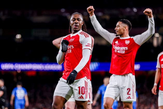 LONDON, ENGLAND - MARCH 17: Eberechi Eze of Arsenal celebrates after scoring his teams first goal during the UEFA Champions League 2025 26 Round of 16 Second Leg match between Arsenal FC and Bayer 04 Leverkusen at Arsenal Stadium on March 17, 2026 in London, England.  Copyright: xRenexNijhuis MBxMediax