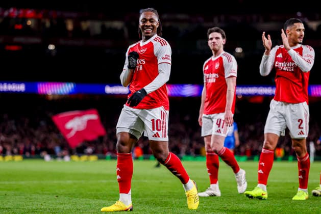 LONDON, ENGLAND - MARCH 17: Eberechi Eze of Arsenal celebrates after scoring his teams first goal during the UEFA Champions League 2025 26 Round of 16 Second Leg match between Arsenal FC and Bayer 04 Leverkusen at Arsenal Stadium on March 17, 2026 in London, England.  Copyright: xRenexNijhuis MBxMediax