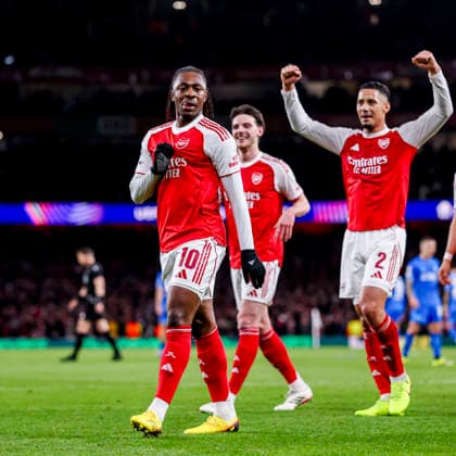 LONDON, ENGLAND - MARCH 17: Eberechi Eze of Arsenal celebrates after scoring his teams first goal during the UEFA Champions League 2025 26 Round of 16 Second Leg match between Arsenal FC and Bayer 04 Leverkusen at Arsenal Stadium on March 17, 2026 in London, England.  Copyright: xRenexNijhuis MBxMediax