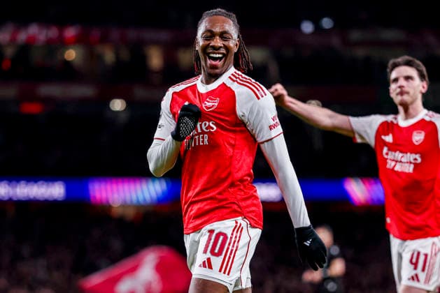 LONDON, ENGLAND - MARCH 17: Eberechi Eze of Arsenal celebrates after scoring his teams first goal during the UEFA Champions League 2025 26 Round of 16 Second Leg match between Arsenal FC and Bayer 04 Leverkusen at Arsenal Stadium on March 17, 2026 in London, England.  Copyright: xRenexNijhuis MBxMediax