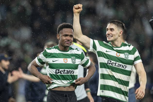 Geny Catamo 10 of Sporting CP (L) and Ivan Fresneda 22 of Sporting CP (R) celebrates after win during the UEFA Champions League match between Sporting CP vs FK Bodø Glimt at Estadio Jose Alvalade on March 17th,2026 (Photo by Joao Bravo Sports Press Photo)  Copyright: xJoaoxBravo SportsxPressxPhotox Sportspressphoto_SPR112925