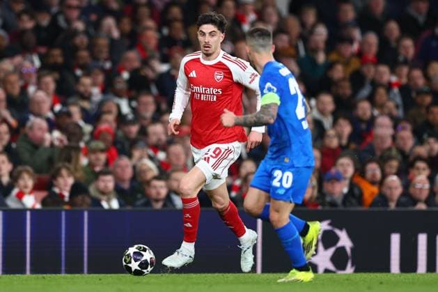 Kai Havertz of Arsenal takes on Alex Grimaldo of Bayer Leverkusen Arsenal v Bayer 04 Leverkusen, UEFA Champions League, Round of 16, Second Leg, Football, Emirates Stadium, London, UK - 17 Mar 2026London Emirates Stadium United Kingdom EDITORIAL USE ONLY No use with unauthorised audio, video, data, fixture lists, club league logos or live services. Online in-match use limited to 120 images, no video emulation. No use in betting, games or single club league player publications.  Copyright: xSimonxDael Shutterstockx 16776376dt